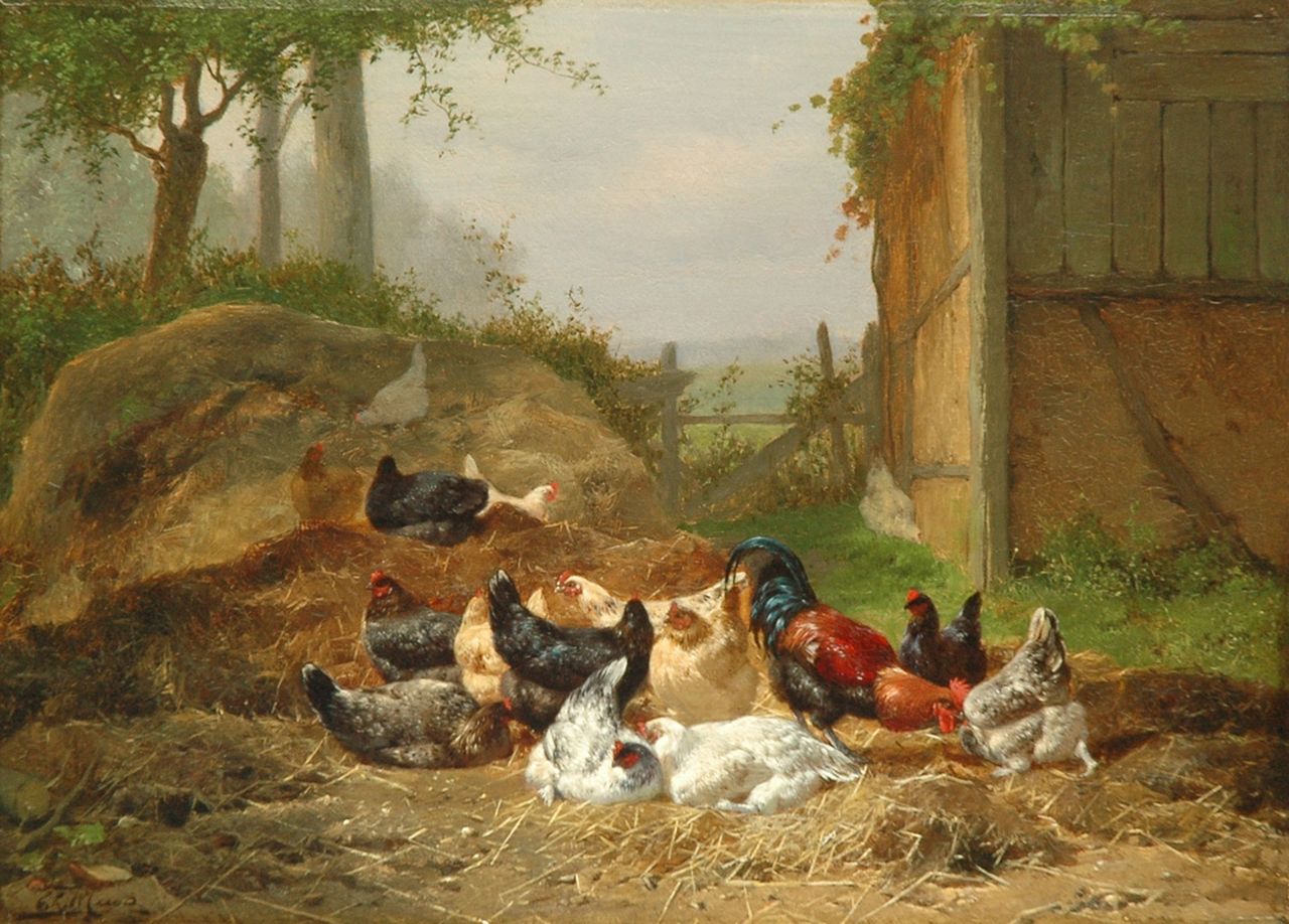 Maes E.R.  | Eugène Remy Maes, Haan met kippen in het hooi (alleen tezamen met winter), olieverf op paneel 26,5 x 36,0 cm, gesigneerd linksonder