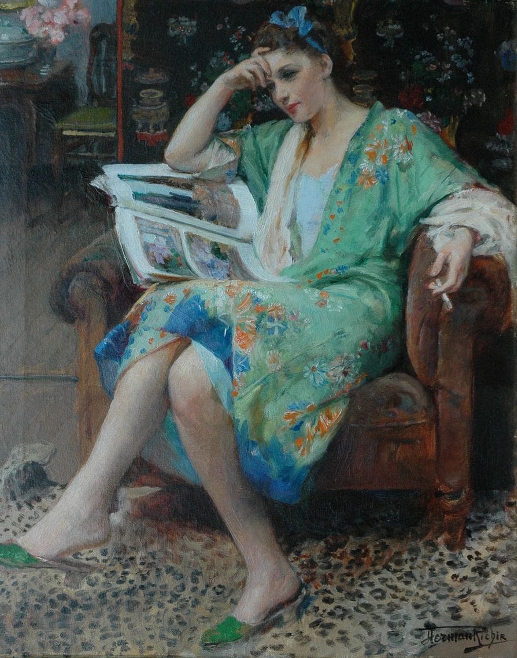 Herman Jean Joseph Richir | Jonge vrouw in groene kimono, olieverf op doek, 50,3 x 41,2 cm, gesigneerd r.o.