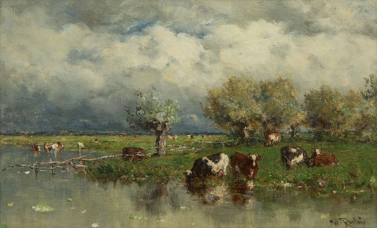 Roelofs W.  | Willem Roelofs, Polderlandschap met wadende koeien, olieverf op doek 24,2 x 38,9 cm, gesigneerd rechtsonder en te dateren ca. 1880