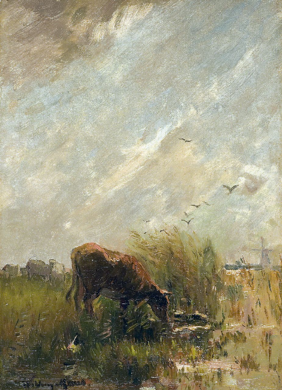Maris W.  | Willem Maris, Drinkende koe, olieverf op doek 35,5 x 25,8 cm, gesigneerd linksonder