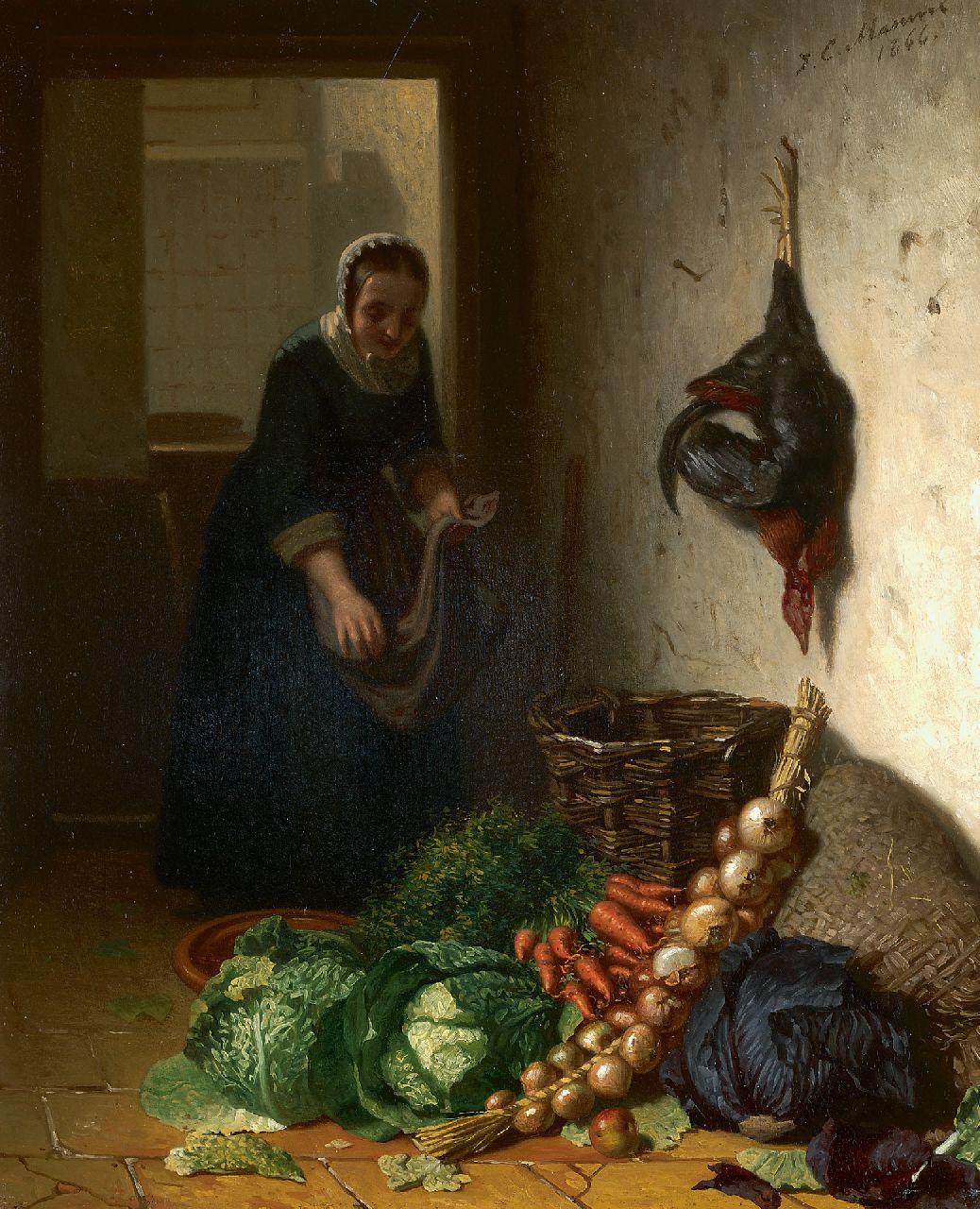 Johannes Engel Masurel | Keukeninterieur, olieverf op paneel, 31,2 x 25,3 cm, gesigneerd r.b. en gedateerd 1866