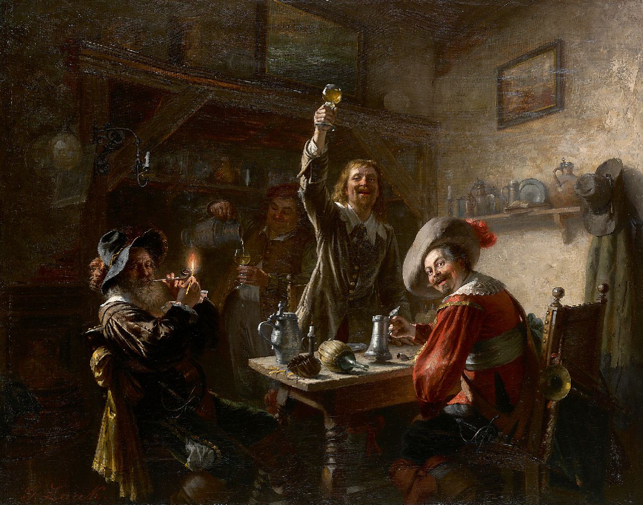 Zaak G.  | Gustav Zaak, De vrolijke drinkers, olieverf op doek 55,5 x 68,0 cm, gesigneerd linksonder