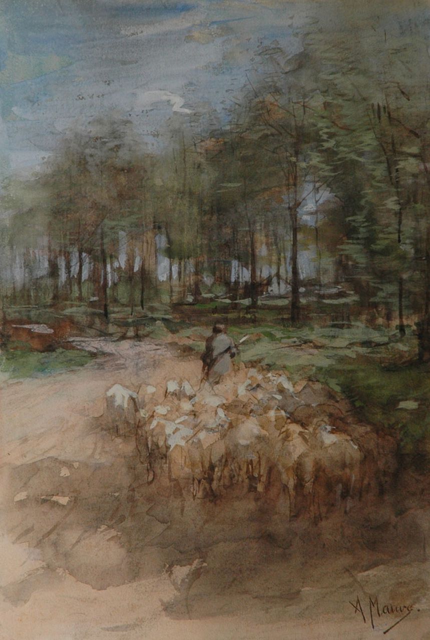 Mauve A.  | Anthonij 'Anton' Mauve, Naar de heide: schaapherder met zijn kudde, aquarel en gouache op papier 49,7 x 34,2 cm, gesigneerd rechtsonder