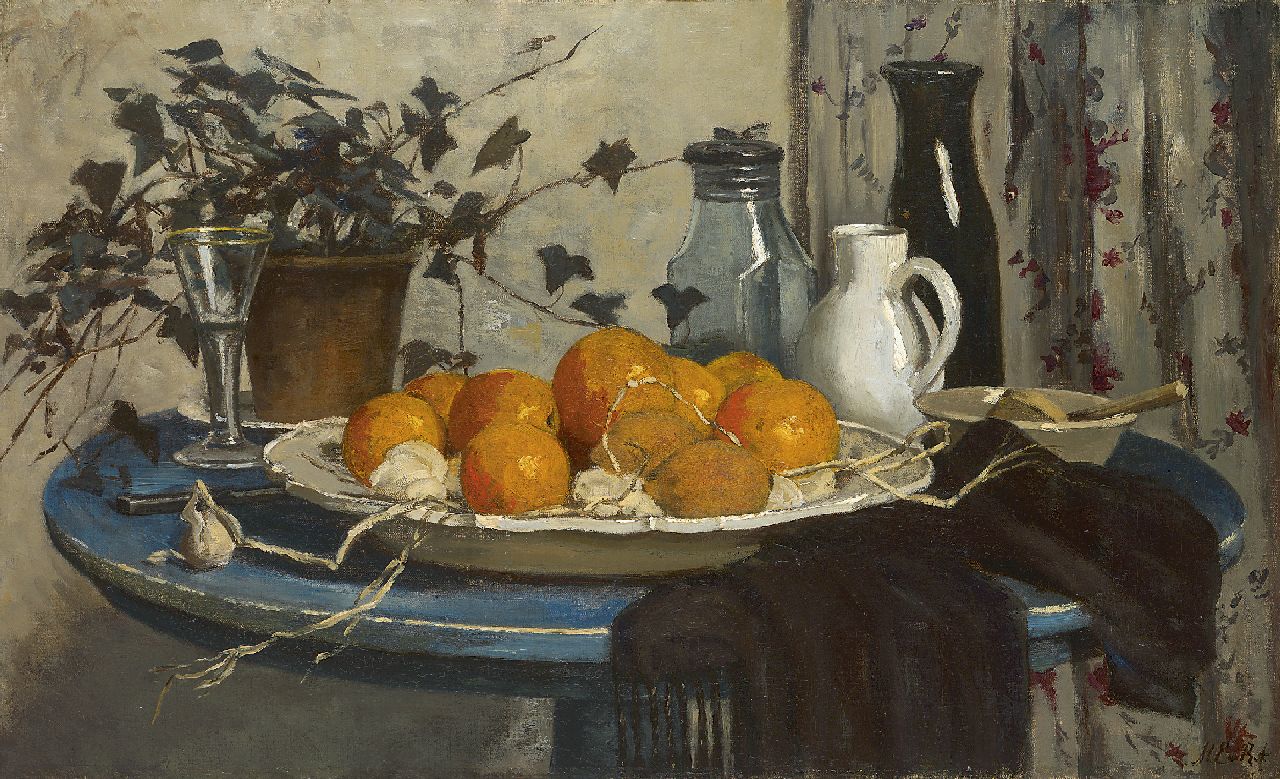 Regteren Altena M.E. van | 'Marie' Engelina van Regteren Altena, Stilleven met sinaasappels op blauwe tafel, olieverf op doek 48,3 x 78,3 cm, gesigneerd rechtsonder met initialen en voluit op spieraam