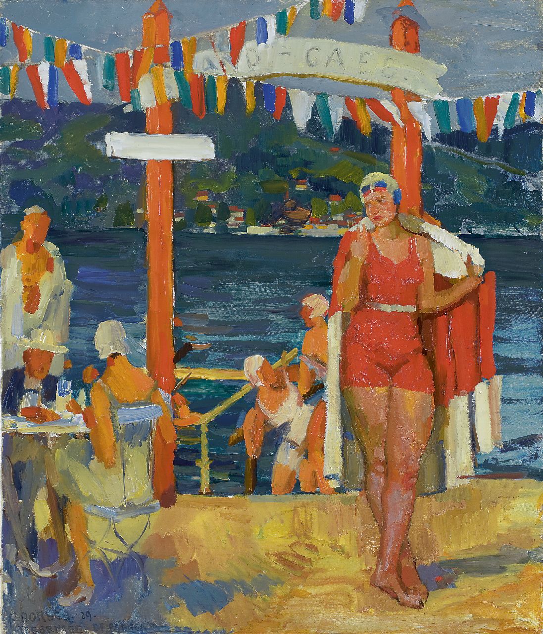 Dorsch F.F.E.  | 'Ferdinand' Franz Engelbert Dorsch, Strandcafé aan de Tegernsee, Zuid-Duitsland, olieverf op doek 56,2 x 46,4 cm, gesigneerd linksonder en gedateerd '29 'Dresden'
