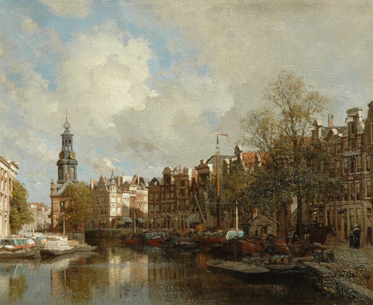 Klinkenberg J.C.K.  | Johannes Christiaan Karel Klinkenberg, De bloemenmarkt in Amsterdam met de Munttoren, olieverf op doek 39,5 x 47,4 cm, gesigneerd rechtsonder