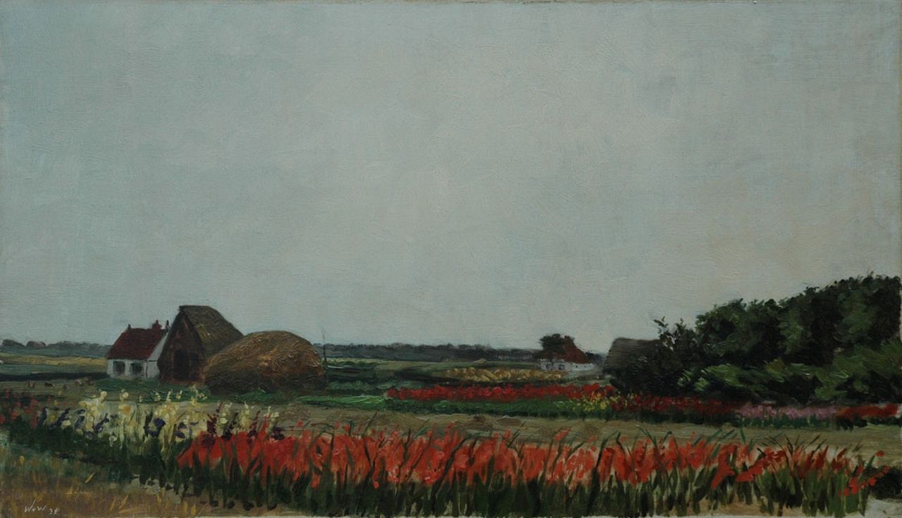Hollandse School, eerste helft 20e eeuw   | Hollandse School, eerste helft 20e eeuw, Gladiolenvelden, olieverf op doek 37,3 x 63,3 cm, gesigneerd linksonder met initialen 'W.v.W.' en gedateerd '38