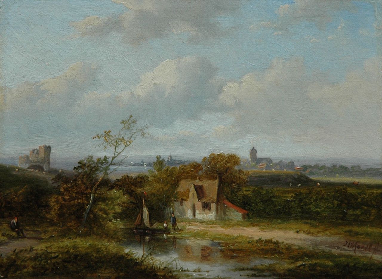 Morel II J.E.  | Jan Evert Morel II, Weids rivierlandschap met ruïne, olieverf op paneel 15,3 x 20,6 cm, gesigneerd rechtsonder