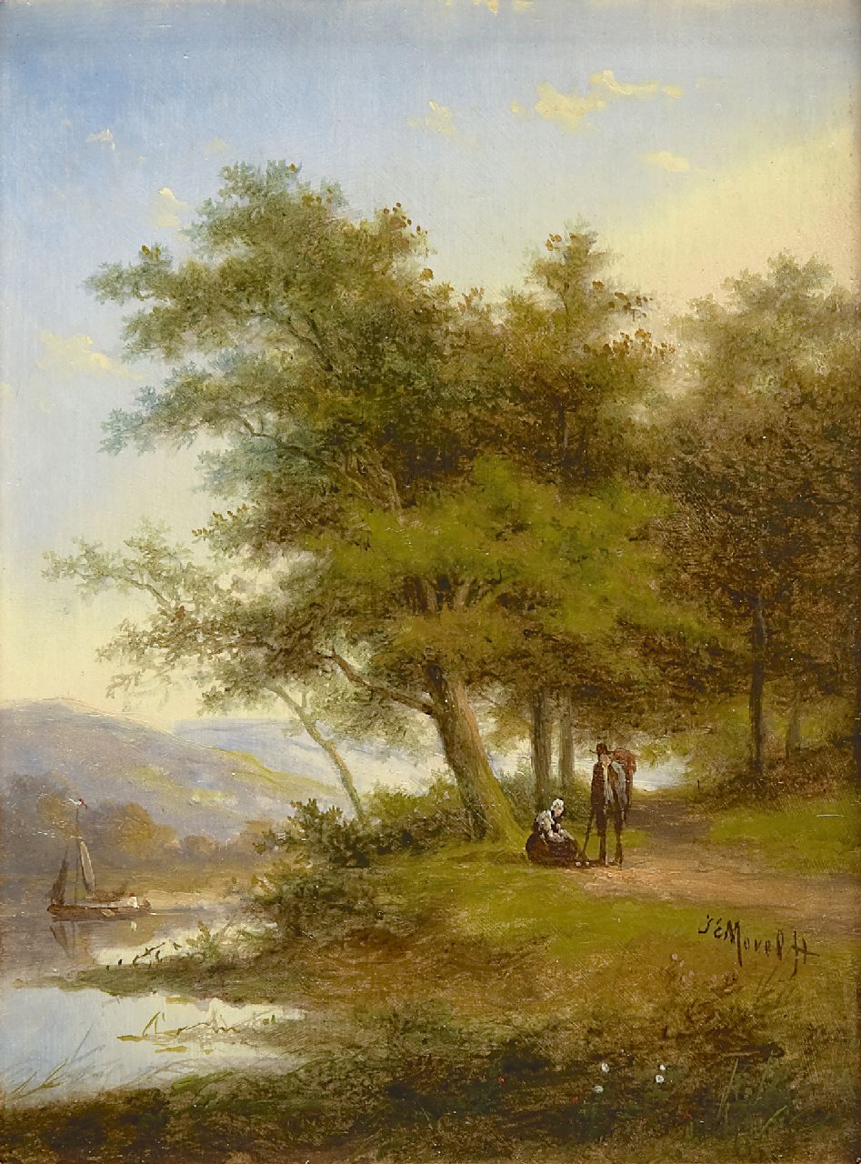 Morel II J.E.  | Jan Evert Morel II, Landvolk op een pad bij een rivier, olieverf op paneel 20,6 x 15,2 cm, gesigneerd rechtsonder