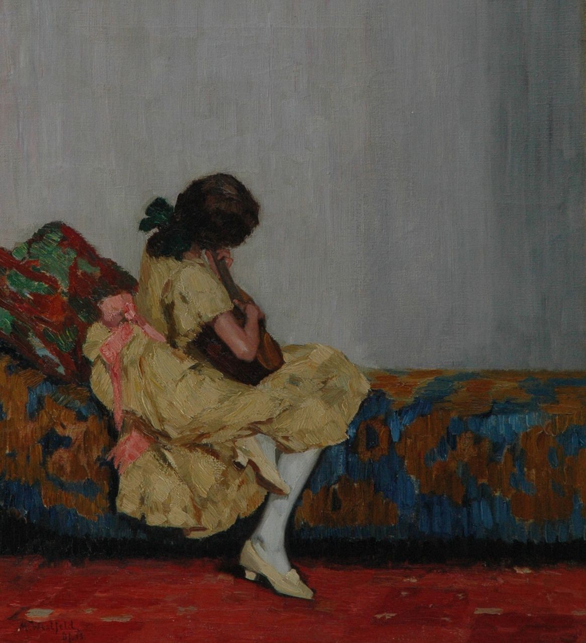 Westfeld M.  | Max Westfeld, Meisje met gitaar, olieverf op doek 70,4 x 64,3 cm, gesigneerd linksonder en gedateerd 'Df. '13'