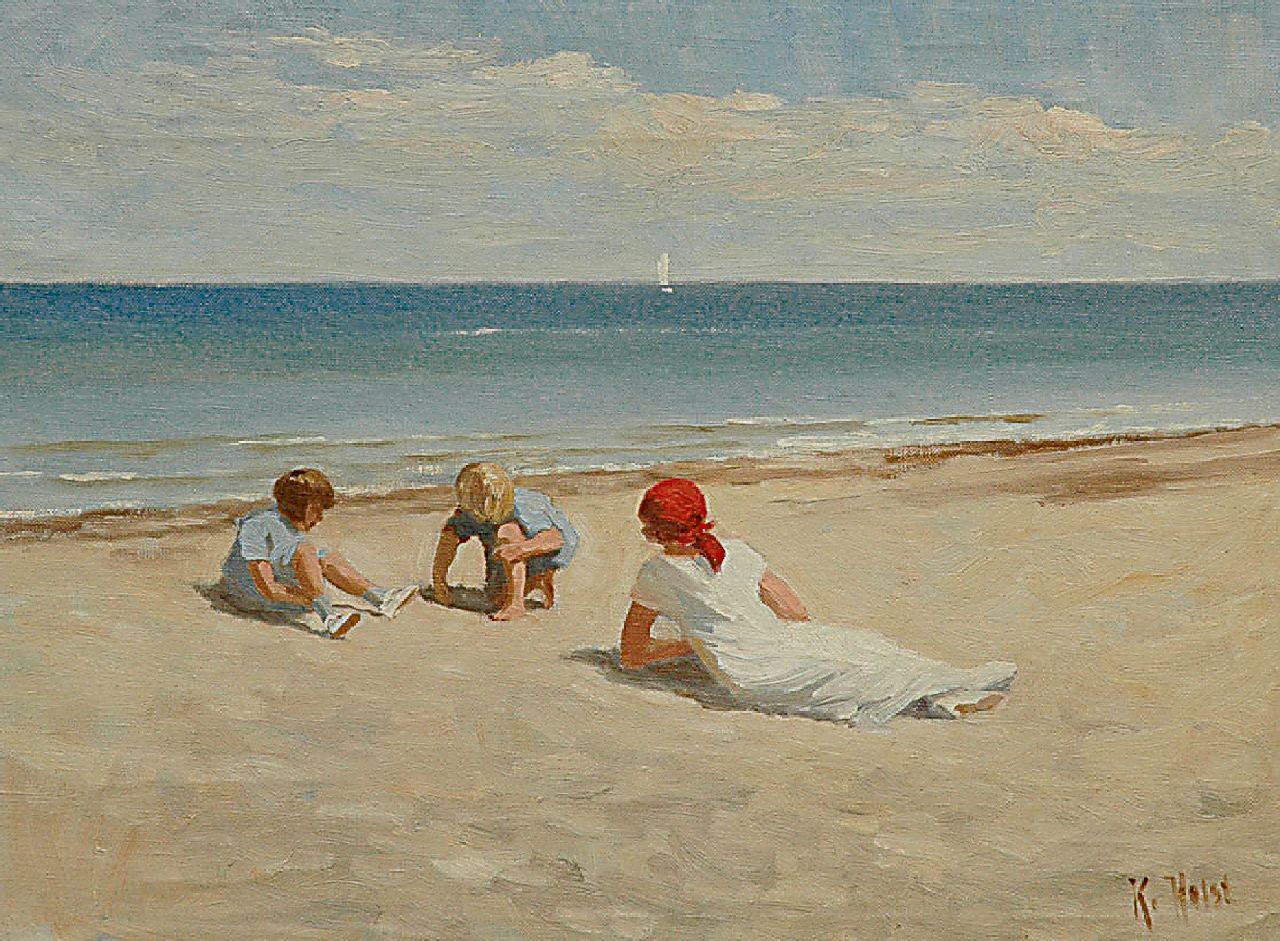Holst K.  | Kaj Holst, Moeder met kinderen op het strand, olieverf op doek 40,6 x 50,5 cm, gesigneerd rechtsonder