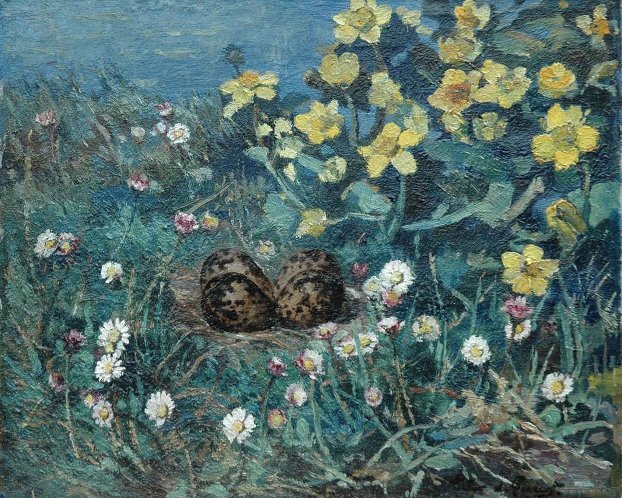 Pieter de Zwart | Kievitseieren tussen de veldbloemen, boterbloemen en madeliefjes, olieverf op doek, 34,5 x 42,3 cm, gesigneerd r.o.