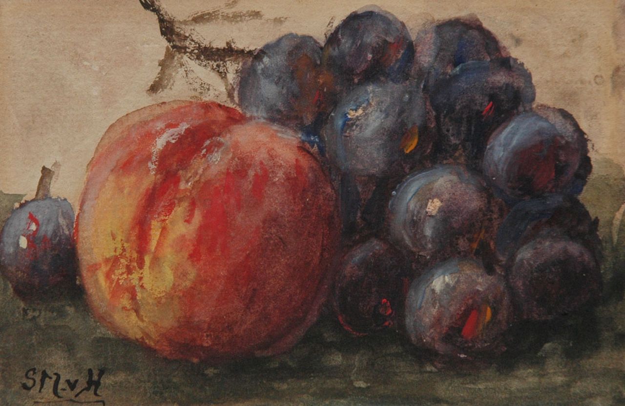 Mesdag-van Houten S.  | Sina 'Sientje' Mesdag-van Houten, Stilleven met perzik en druiven, aquarel op papier 9,0 x 13,6 cm, gesigneerd linksonder met initialen