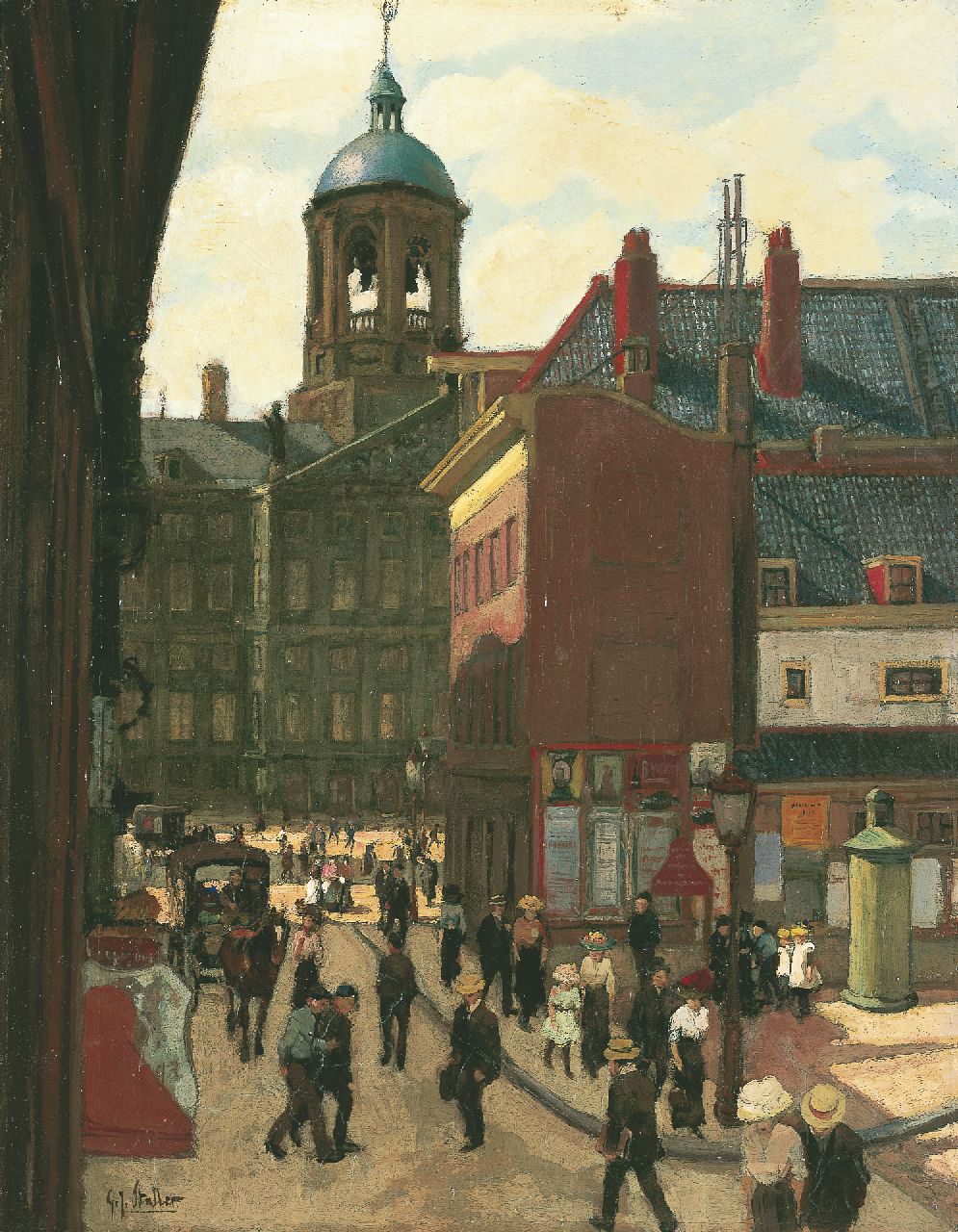 Staller G.J.  | Gerard Johan Staller, De Damstraat en het Koninklijk Paleis in Amsterdam, olieverf op doek 50,5 x 39,5 cm, gesigneerd linksonder