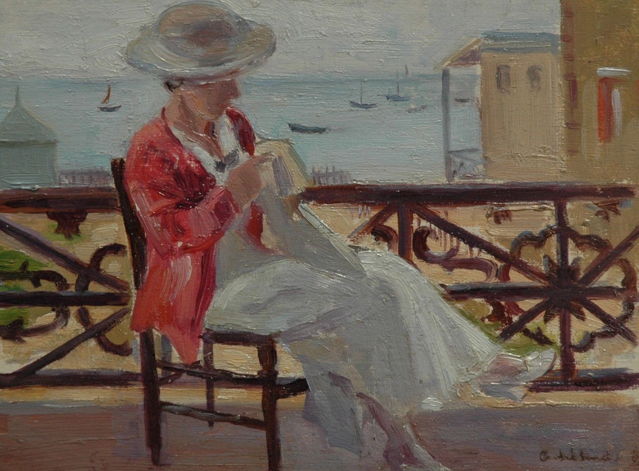 André Sinet | Zittende vrouw bij een balustrade, olieverf op paneel, 17,3 x 24,0 cm, gesigneerd r.o.