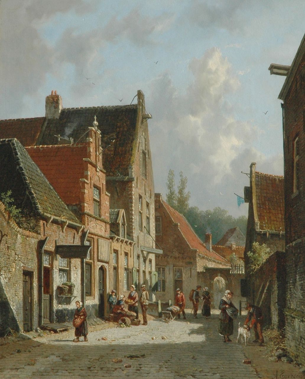 Eversen A.  | Adrianus Eversen, Hollands straatje met figuren en groenteverkoopster, olieverf op paneel 43,8 x 35,3 cm, gesigneerd rechtsonder voluit en met monogram