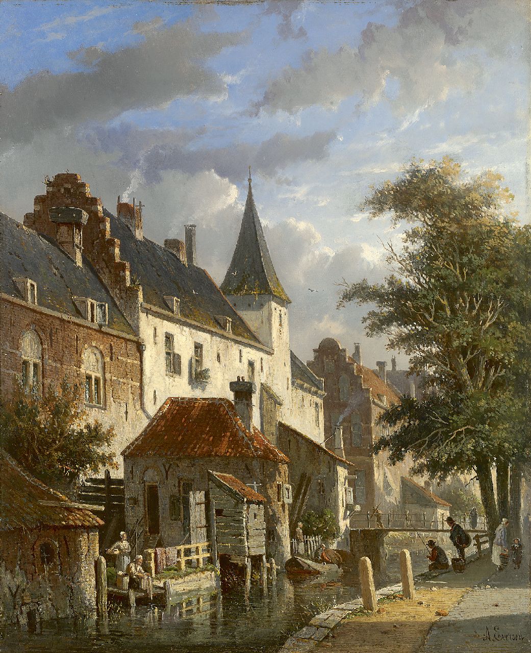 Eversen A.  | Adrianus Eversen, Fantasiegezicht op de Muurhuizen en de Zuidsingel, Amersfoort, olieverf op doek 44,0 x 36,2 cm, gesigneerd rechtsonder