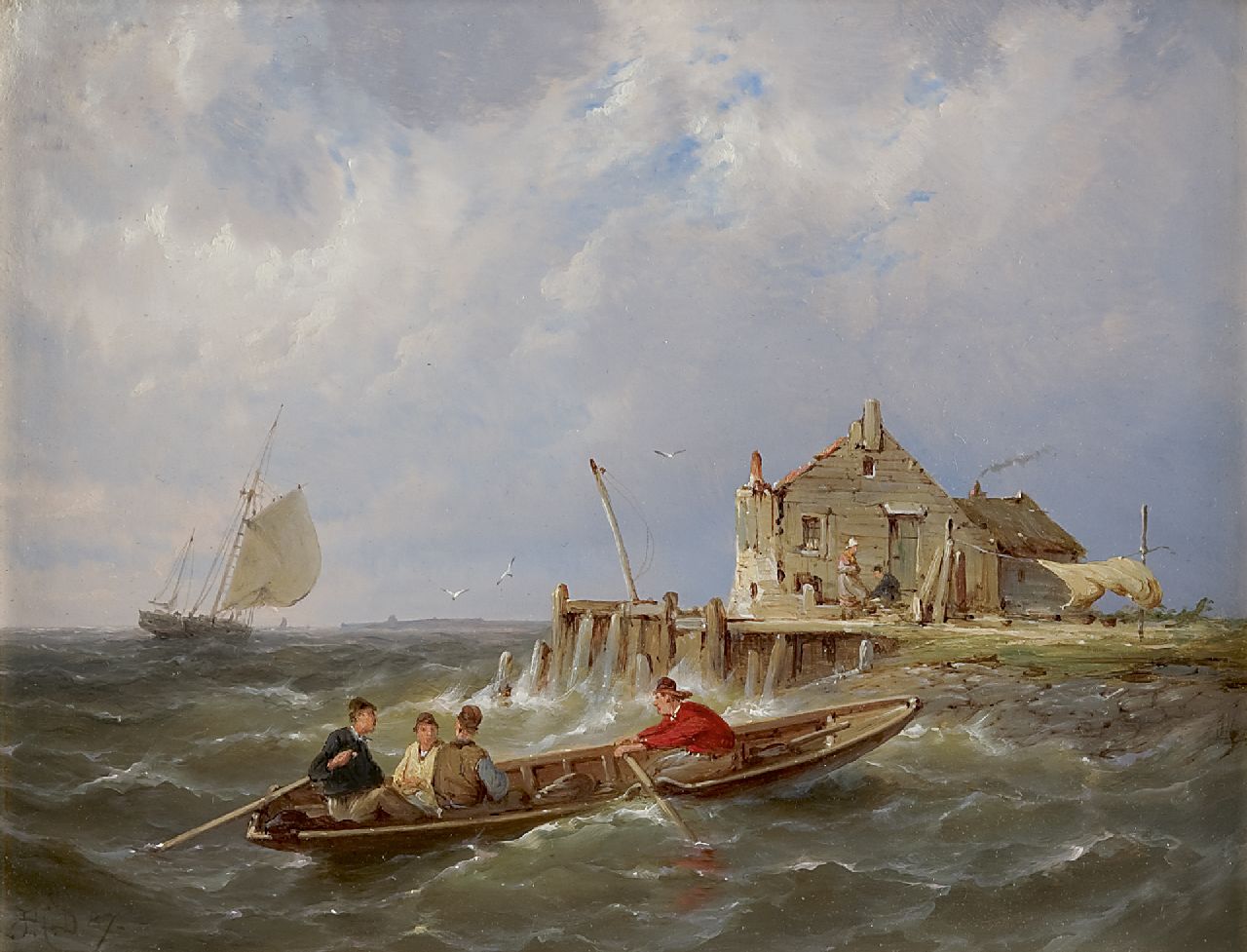 Dommershuijzen P.C.  | Pieter Cornelis Dommershuijzen, Vissers bij een haveningang, olieverf op paneel 19,9 x 25,4 cm, gesigneerd linksonder met initialen en gedateerd '87