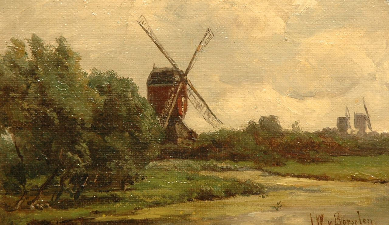 Borselen J.W. van | Jan Willem van Borselen, Wipmolens in een polderlandschap, olieverf op doek op paneel 12,7 x 19,8 cm, gesigneerd rechtsonder