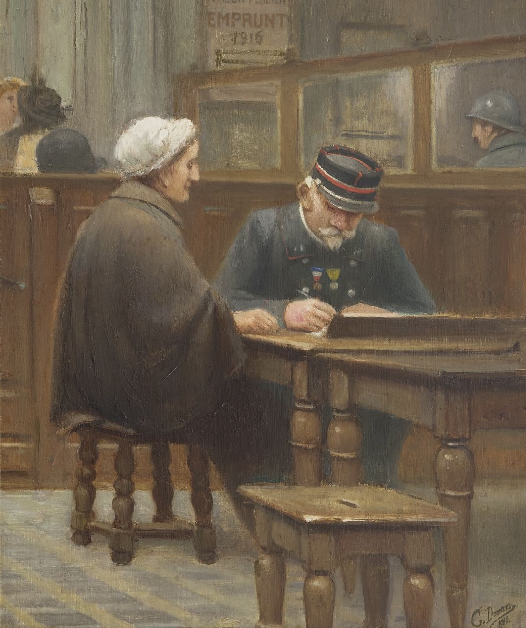 Duran G.  | Duran | Schilderijen te koop aangeboden | Bij de bank van lening, olieverf op paneel 43,1 x 36,1 cm, gesigneerd rechtsonder en gedateerd 1910