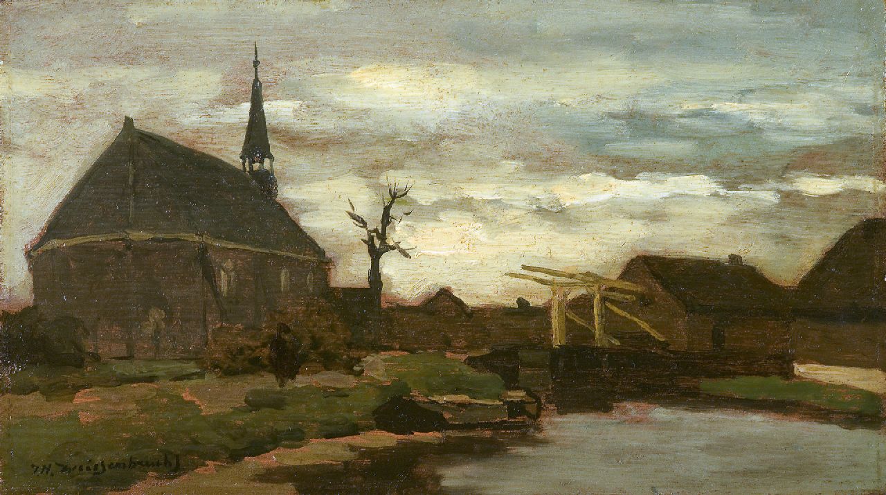 Weissenbruch H.J.  | Hendrik Johannes 'J.H.' Weissenbruch, Gezicht op het kerkje van Nieuwkoop, olieverf op paneel 18,1 x 31,7 cm, gesigneerd linksonder