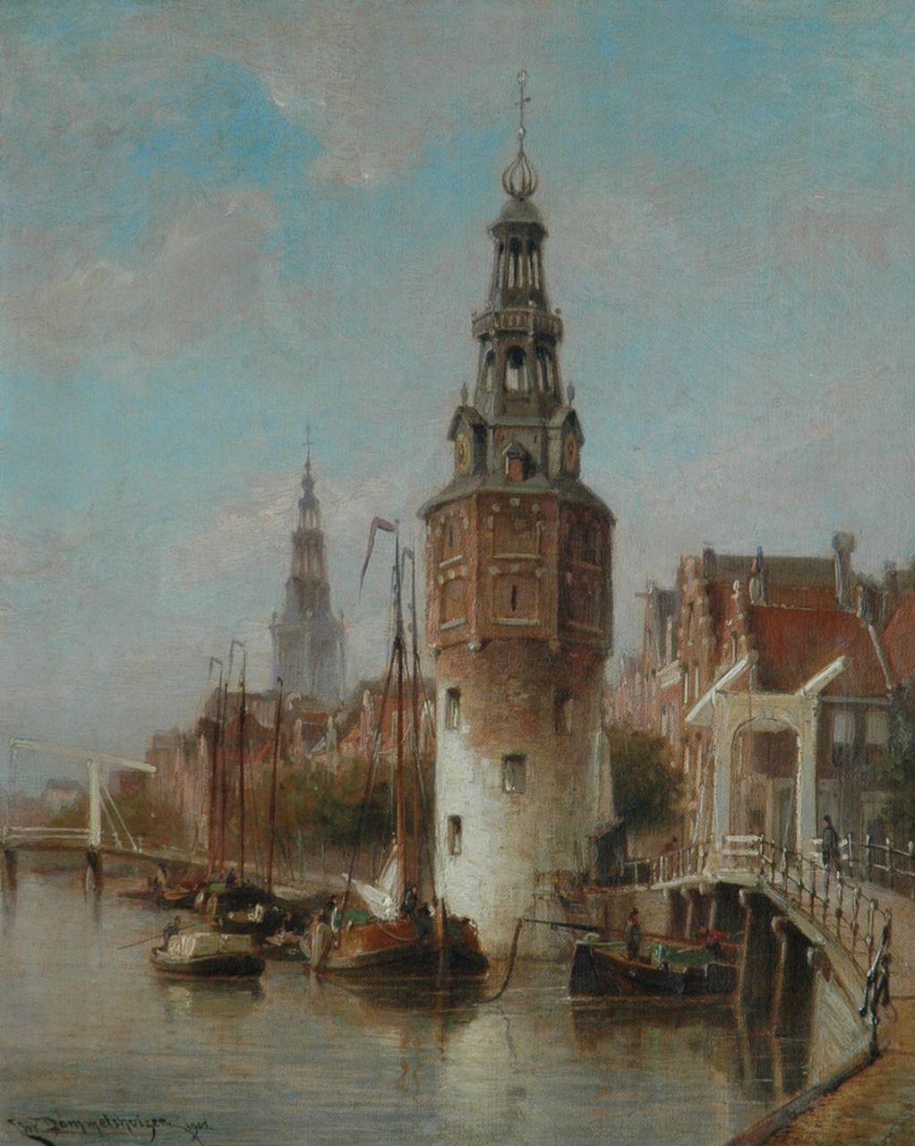 Dommelshuizen C.C.  | Cornelis Christiaan Dommelshuizen, Gezicht op Amsterdam met de Montelbaanstoren, olieverf op doek 38,6 x 31,4 cm, gesigneerd linksonder en gedateerd 1902