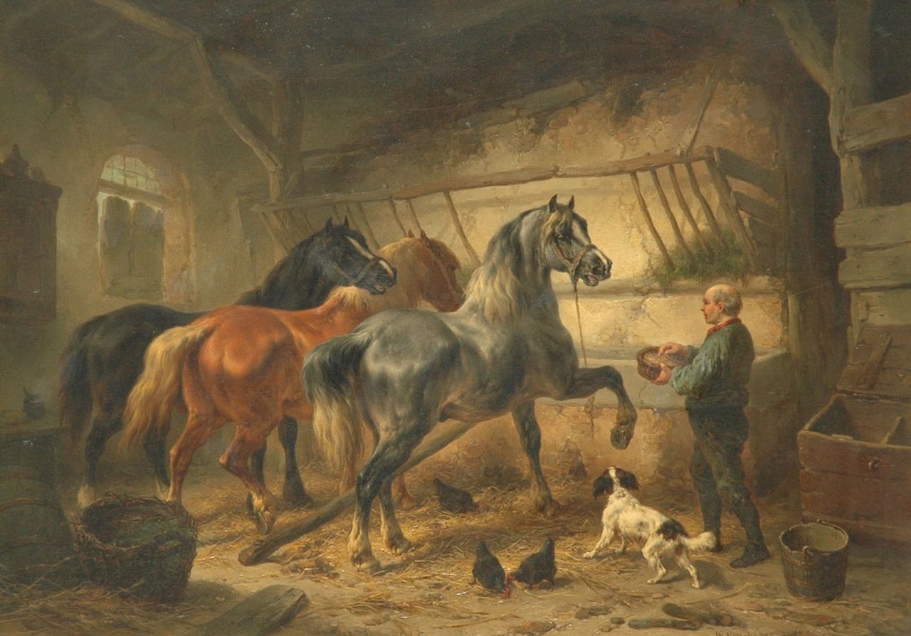 Verschuur W.  | Wouterus Verschuur, Paarden in een stal, olieverf op paneel 36,7 x 51,5 cm, gesigneerd rechtsonder