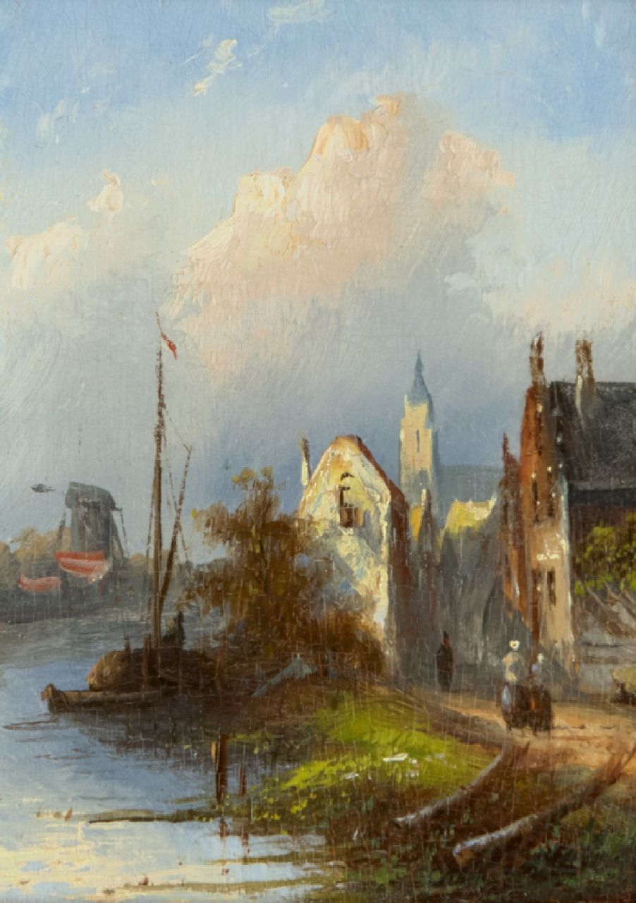 Spohler J.J.C.  | Jacob Jan Coenraad Spohler, Hollands rivierlandschap met huizen, olieverf op paneel 12,1 x 8,8 cm, gesigneerd verso
