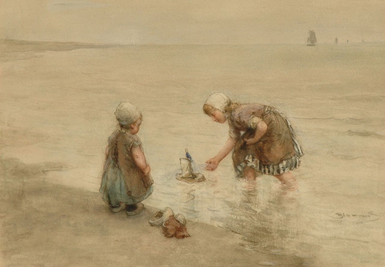Blommers B.J.  | Bernardus Johannes 'Bernard' Blommers, Twee zusjes, spelend op het strand, aquarel op papier 34,8 x 48,1 cm, gesigneerd rechtsonder