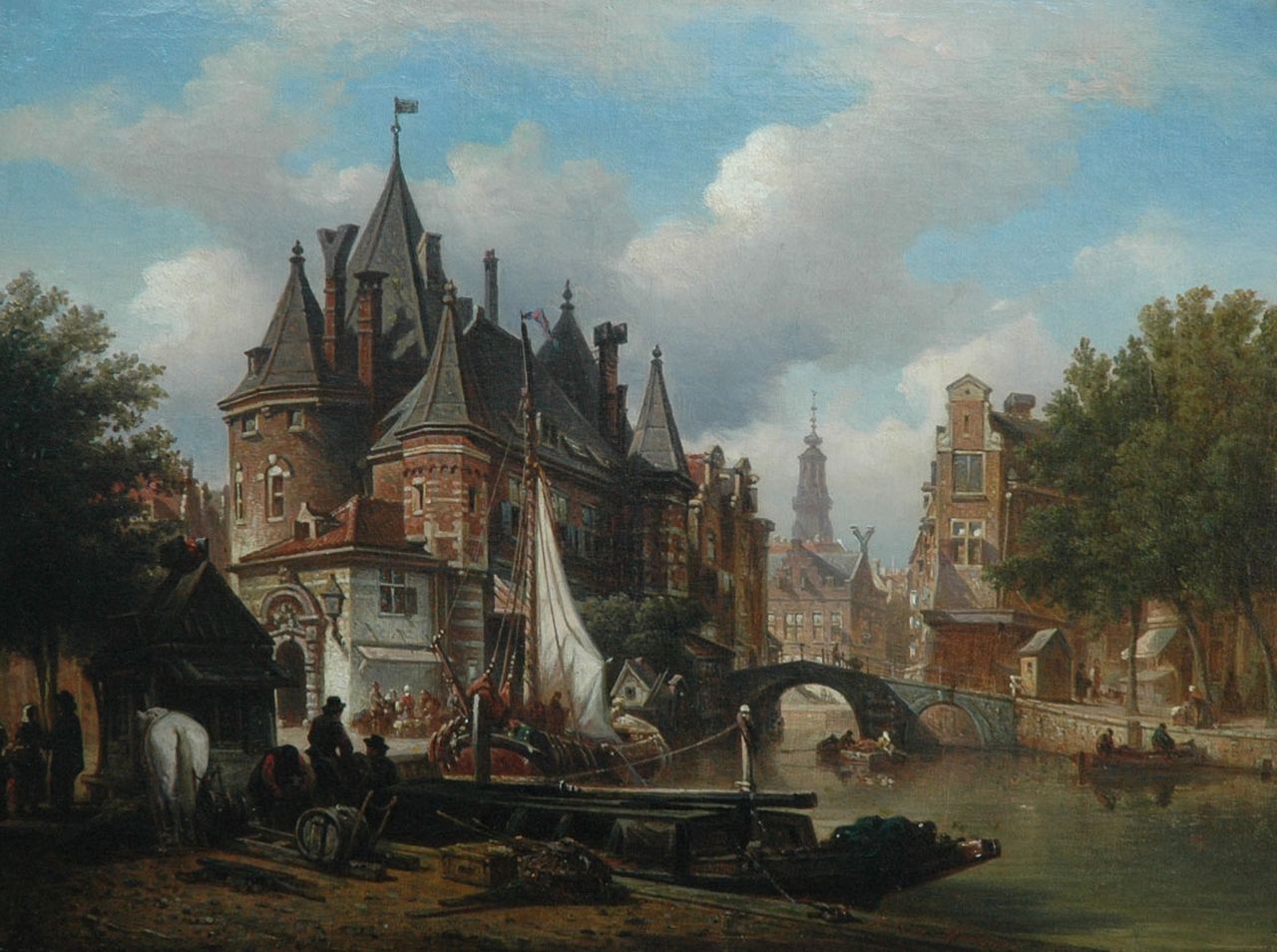 Bommel E.P. van | Elias Pieter van Bommel, Stadsgezicht met de Amsterdamse Waag en de Zuiderkerkstoren, olieverf op doek op board 45,8 x 60,5 cm, gesigneerd rechts van het midden.
