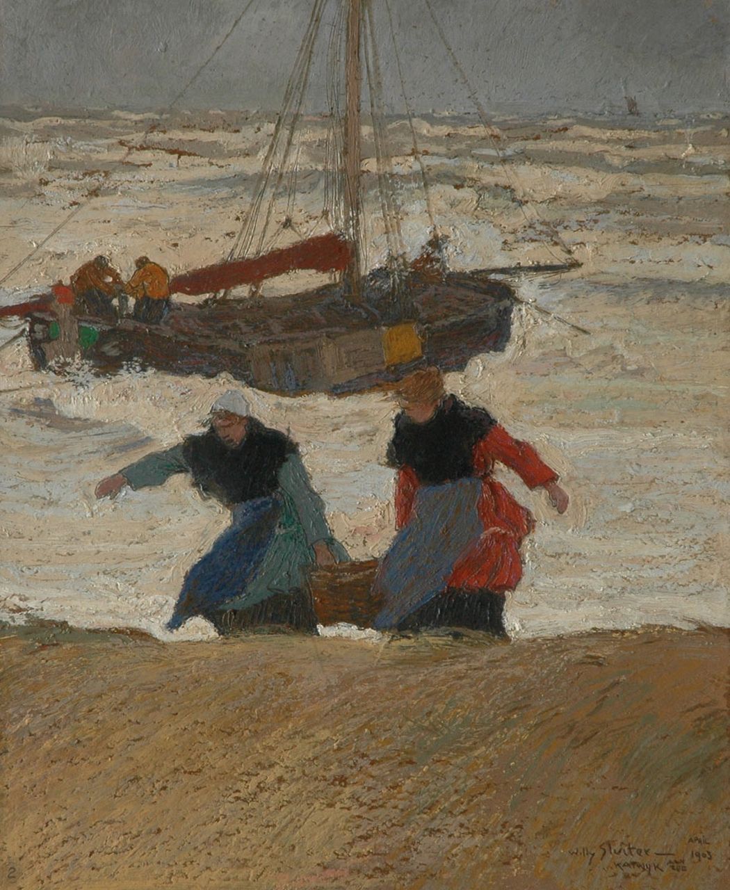 Sluiter J.W.  | Jan Willem 'Willy' Sluiter, Vissersvrouwen op het strand van Katwijk, olieverf op board 45,4 x 37,5 cm, gesigneerd rechtsonder en gedateerd 'Katwijk aan Zee, april 1903'