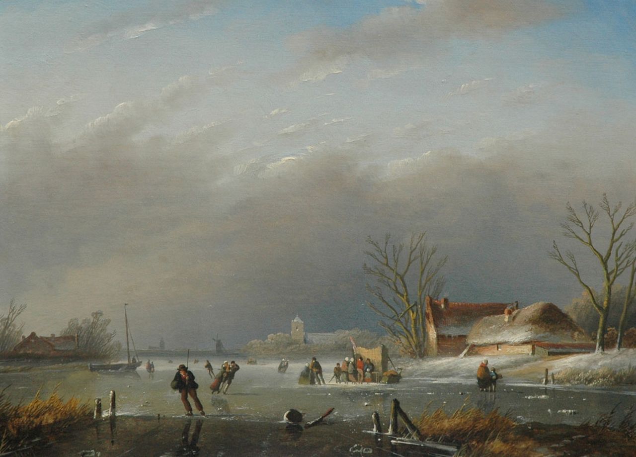 Spohler J.J.  | Jan Jacob Spohler, Een middag op het ijs, olieverf op paneel 24,0 x 32,6 cm, gesigneerd linksonder