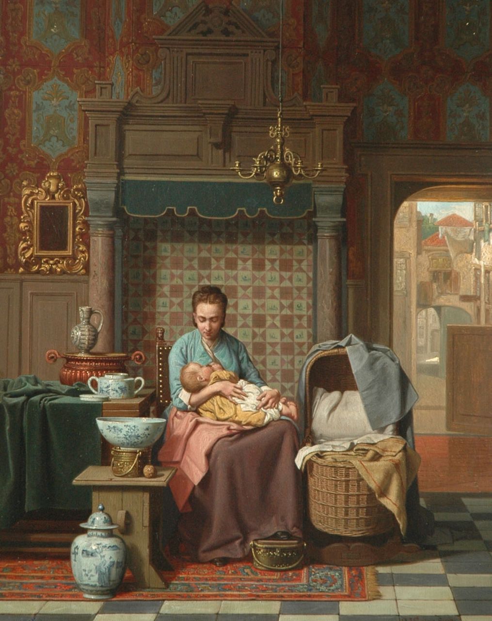Grips C.J.  | Carel Jozeph Grips, Oudhollands interieur met moeder en kind, olieverf op paneel 44,4 x 34,8 cm, gesigneerd rechtsonder en gedateerd 1876