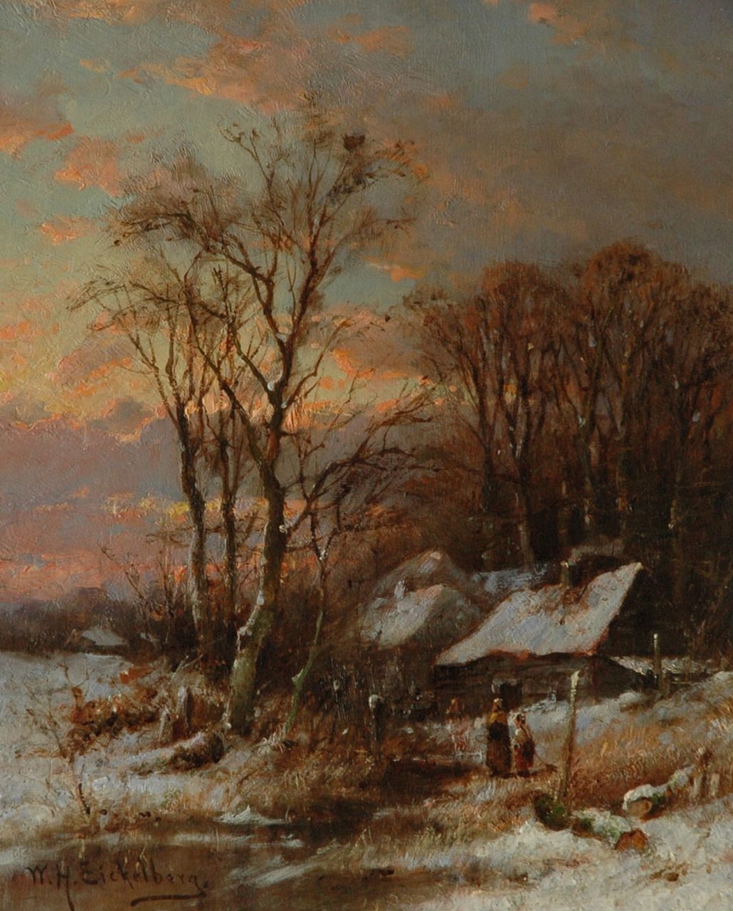 Eickelberg W.H.  | Willem Hendrik Eickelberg, Een winterse zonsondergang, olieverf op paneel 26,1 x 20,8 cm, gesigneerd linksonder