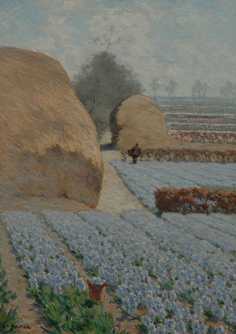 Koster A.L.  | Anton Louis 'Anton L.' Koster, Velden met lila hyacinten en rietschelven bij Heemstede, olieverf op doek 70,2 x 50,5 cm, gesigneerd linksonder