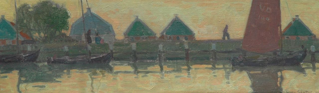 Sluiter J.W.  | Jan Willem 'Willy' Sluiter, Huisjes aan de dijk in Volendam, olieverf op doek op board 24,3 x 76,9 cm, gesigneerd rechtsonder