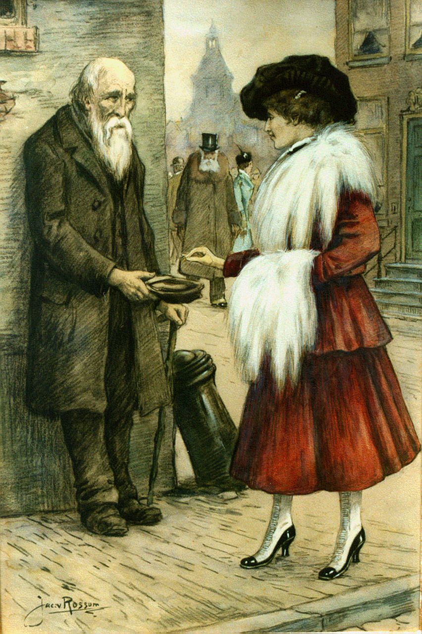 Rossum J.W. van | Jacobus Willem 'Jacob' van Rossum, De dame en de oude bedelaar, aquarel op papier 45,5 x 30,0 cm, gesigneerd linksonder