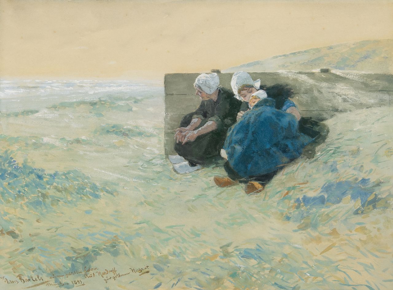 Bartels H. von | Hans von Bartels, Twee vrouwen en kind in de duinen, gouache op papier 29,7 x 40,6 cm, gesigneerd linksonder en gedateerd 'München 1893'