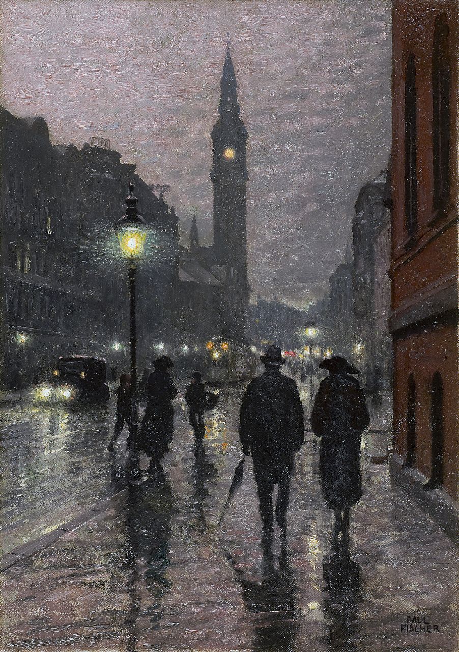 Fischer P.G.  | Poul Gustav 'Paul' Fischer, De Vester Voldgade in Kopenhagen bij avond, olieverf op doek 55,5 x 39,8 cm, gesigneerd rechtsonder