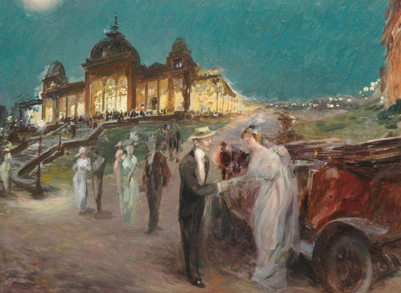 Andreis A. de | Alexandre de Andreis | Schilderijen te koop aangeboden | Aankomst bij het casino van Vittel, olieverf op board 23,9 x 33,0 cm, 1905
