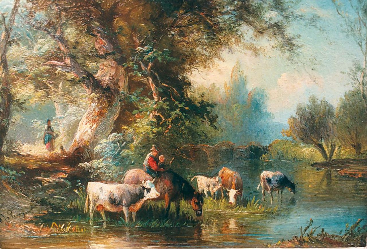 Prooijen A.J. van | Albert Jurardus van Prooijen, Drinkend vee, olieverf op paneel 15,5 x 21,7 cm, gesigneerd linksonder