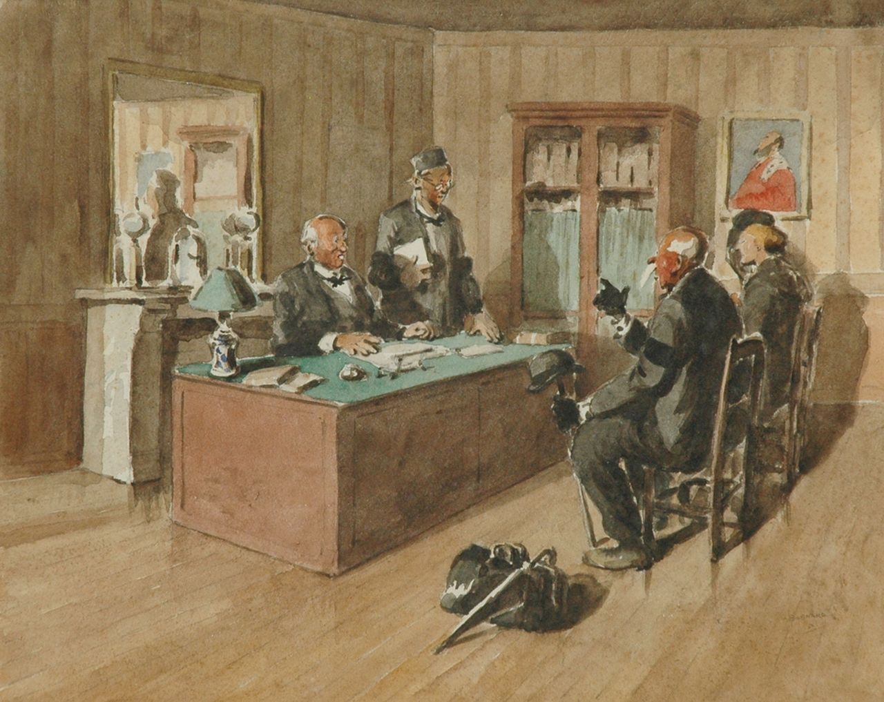 Auguste Lucien Bognard | Bij de notaris, aquarel op papier, 35,9 x 44,8 cm, gesigneerd r.o. en gedateerd '50