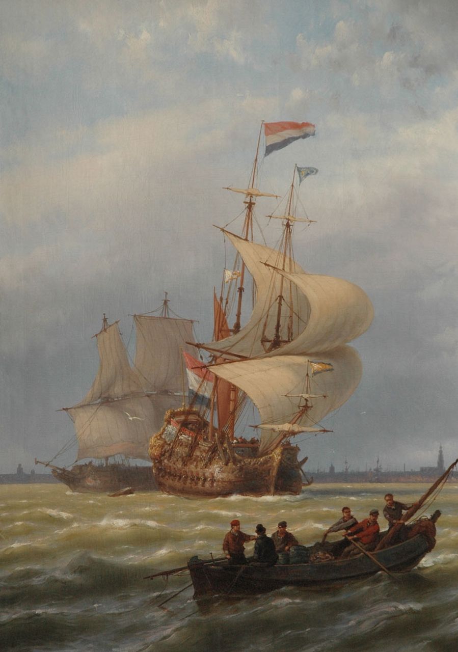 Koekkoek J.H.B.  | Johannes Hermanus Barend 'Jan H.B.' Koekkoek, Een 17e-eeuws oorlogsschip onder zeil op het IJ voor Amsterdam, olieverf op doek 78,5 x 55,8 cm