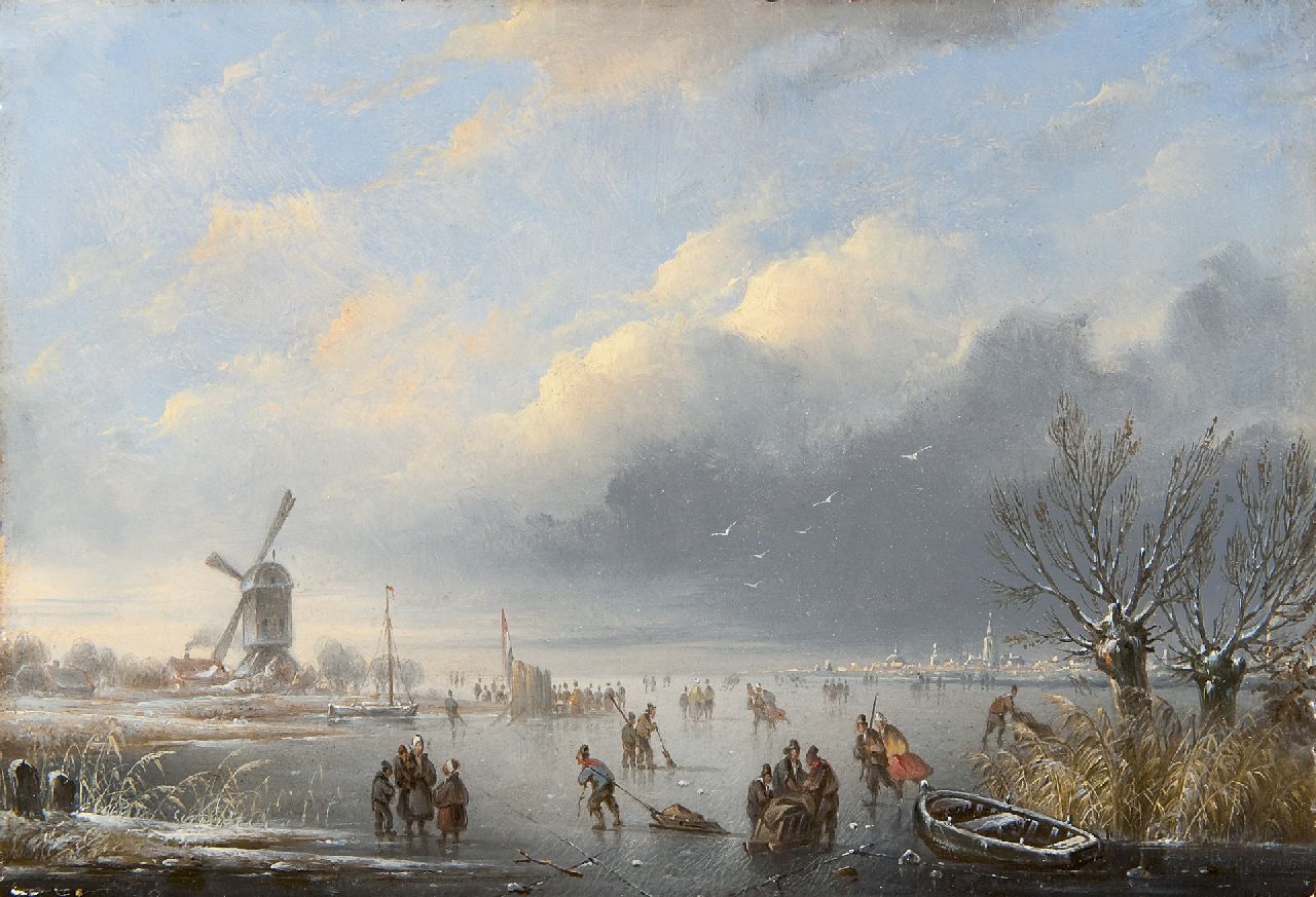 Hendriks G.  | Gerardus 'George Henry' Hendriks, Winterlandschap met schaatsers, olieverf op paneel 19,3 x 27,8 cm
