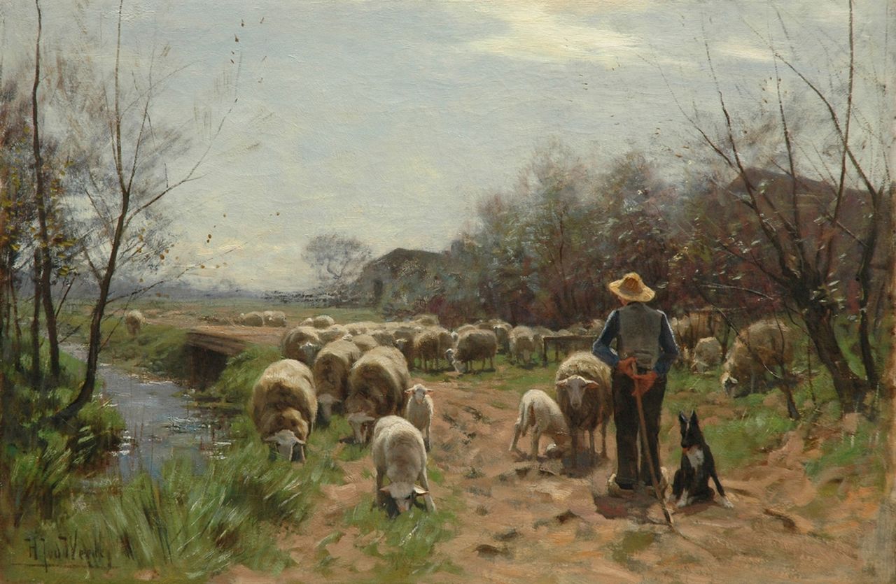 Weele H.J. van der | 'Herman' Johannes van der Weele, Schaapherder met kudde, olieverf op doek 58,1 x 86,5 cm, gesigneerd linksonder