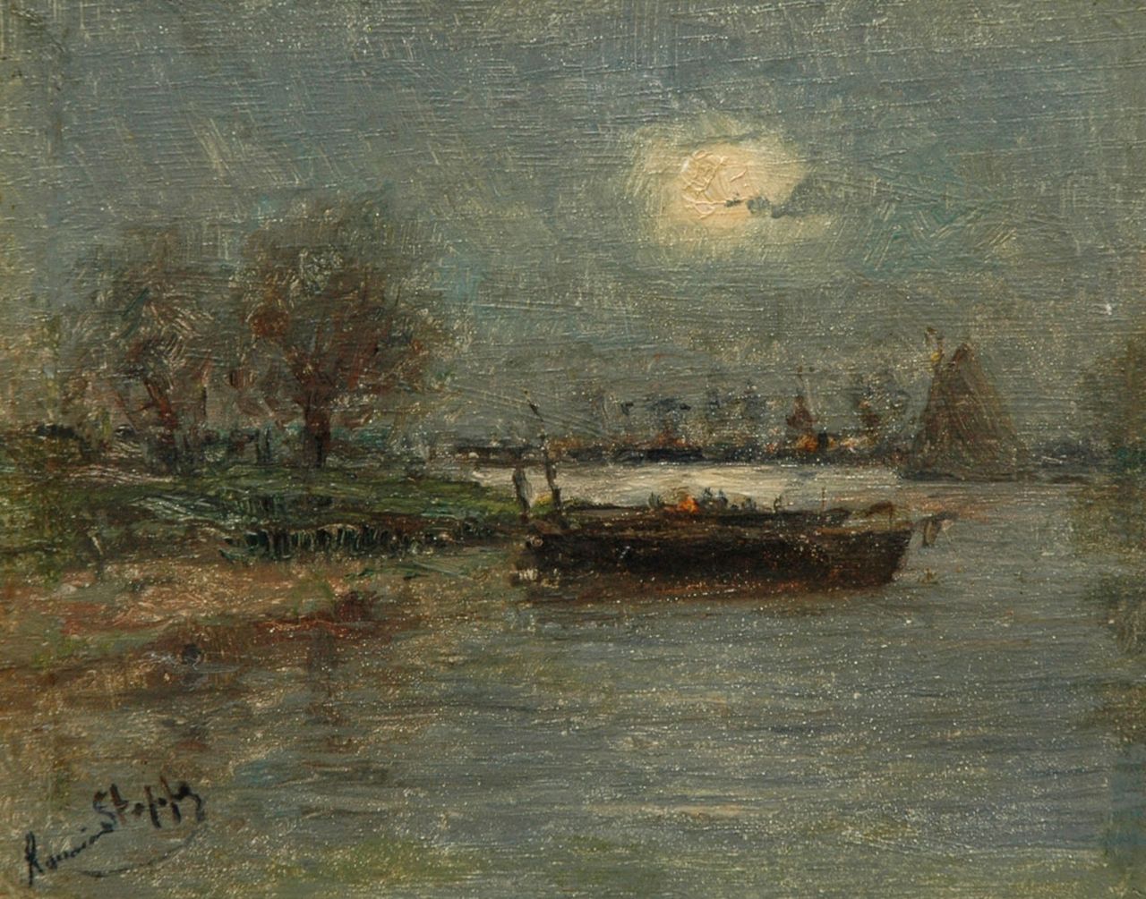 Steppe R.  | Romain Steppe, Zonsondergang op de Schelde, olieverf op paneel 11,5 x 14,9 cm, gesigneerd linksonder