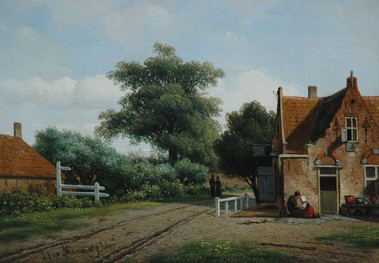 Maaten J.J. van der | Jacob Jan van der Maaten, Figuren bij een huis langs een zandpad, olieverf op paneel 17,0 x 25,0 cm, gesigneerd linksonder en gedateerd '48