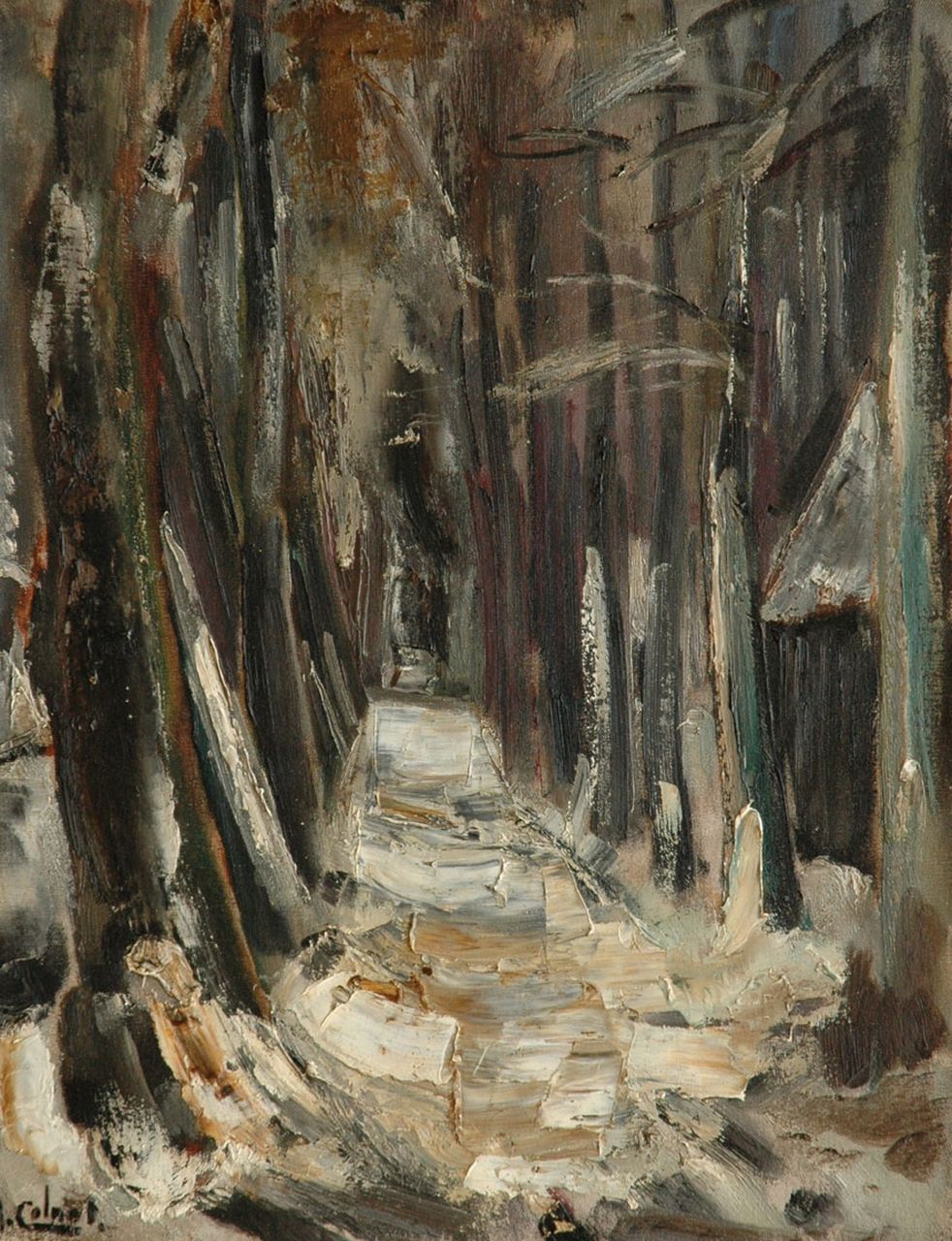 Colnot A.J.G.  | 'Arnout' Jacobus Gustaaf Colnot, Besneeuwd pad tussen bomen, olieverf op doek 62,0 x 48,2 cm, gesigneerd linksonder