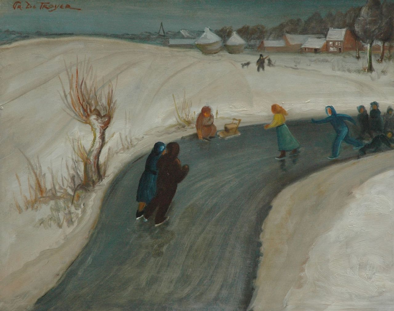 Troyer P. de | Prosper de Troyer, Schaatsenrijders in een sneeuwlandschap, olieverf op paneel 72,4 x 89,9 cm, gesigneerd linksboven