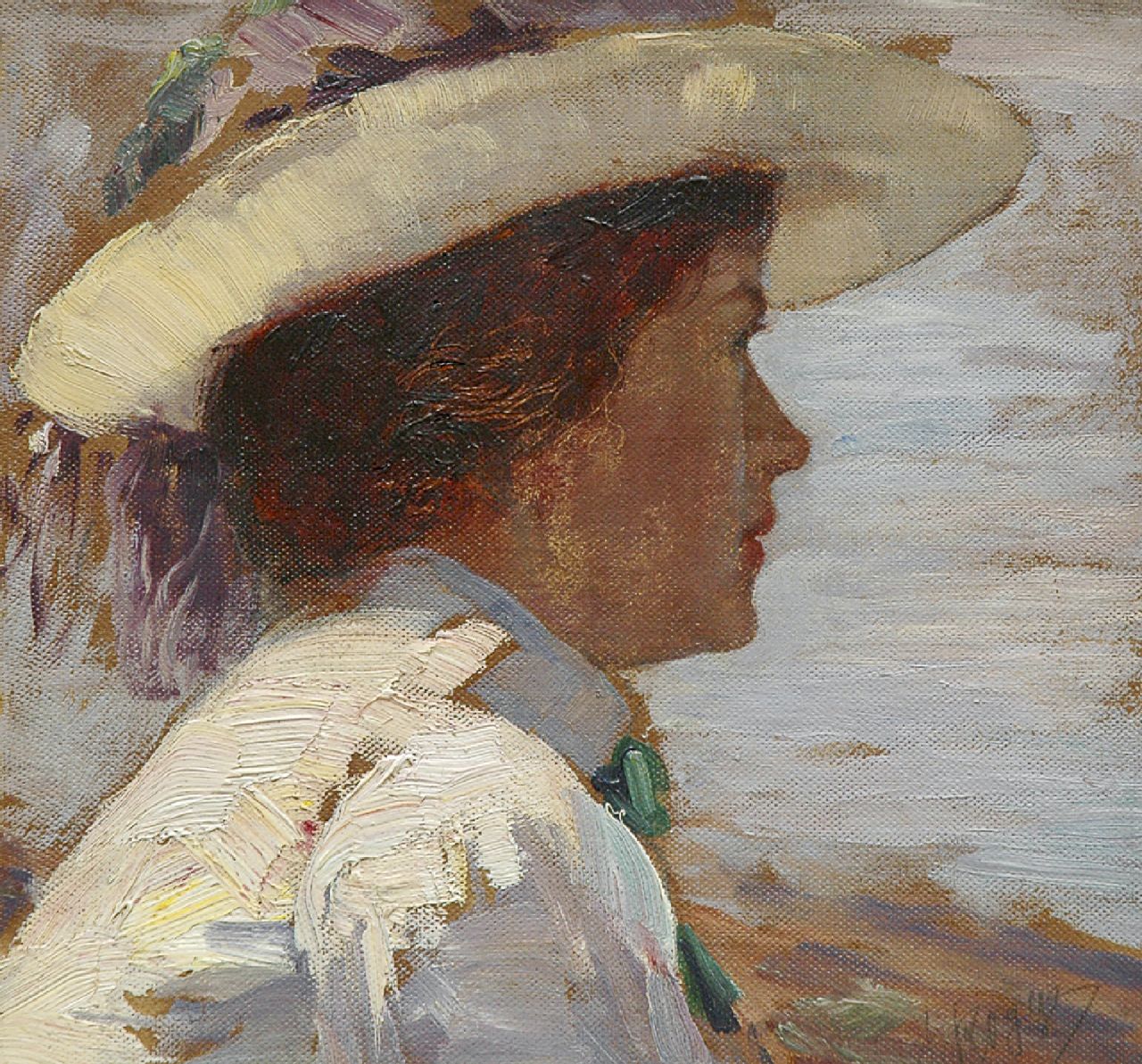 Rogge A.  | Adalbert Rogge, Dame met hoed uitkijkend over zee, olieverf op board 23,9 x 25,0 cm, gesigneerd rechtsonder